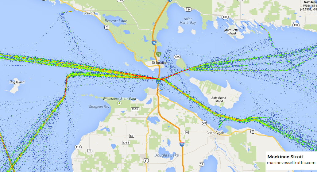 Live Marine Traffic, Density Map and Current Position of ships in MACKINAC STRAIT